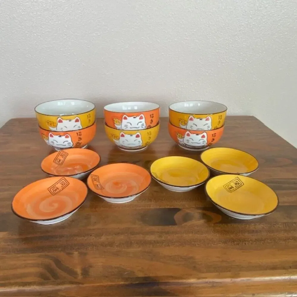 Japanese Maneki Neko Lucky Cat - 6 Rice/Noodle Bowls  + 6 Soy Sauce Dish